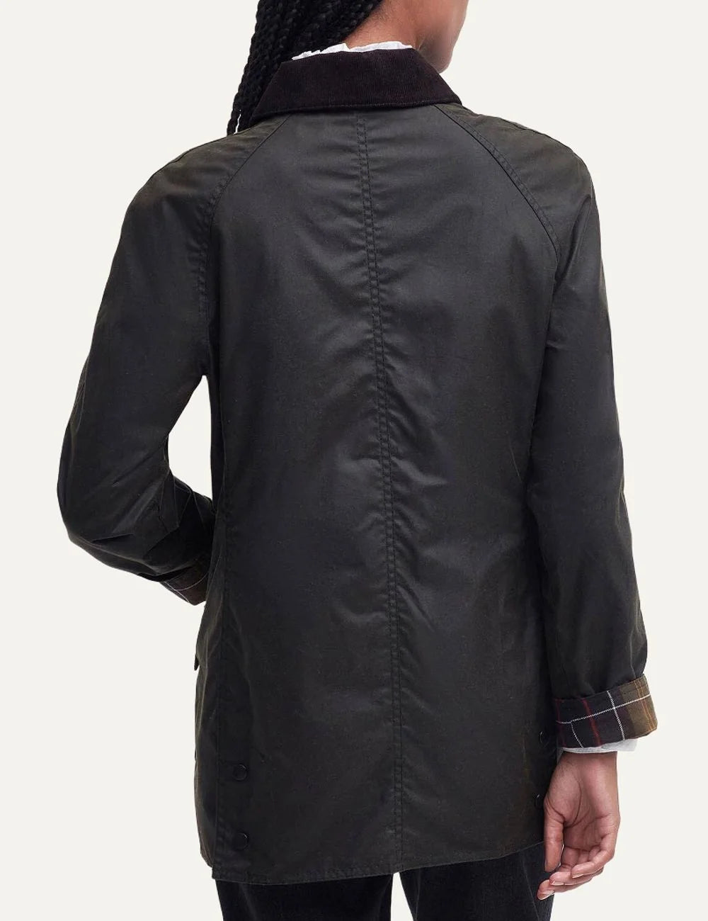 Barbour women's olive waxed cotton jacket with corduroy collar tartan lining and front patch pockets back
