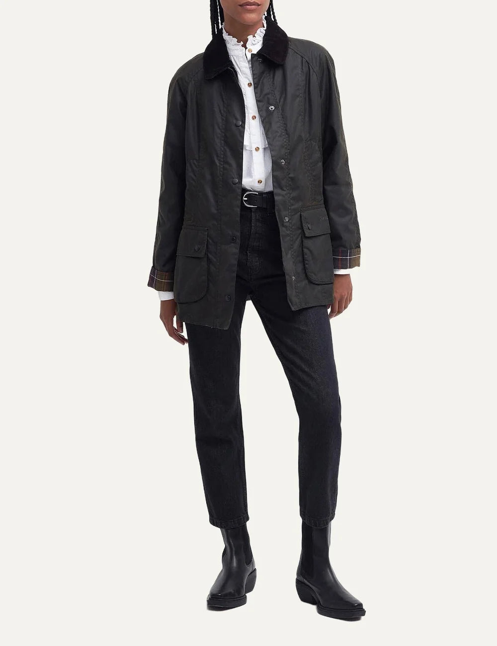 Barbour women's olive waxed cotton jacket with corduroy collar tartan lining and front patch pockets full body