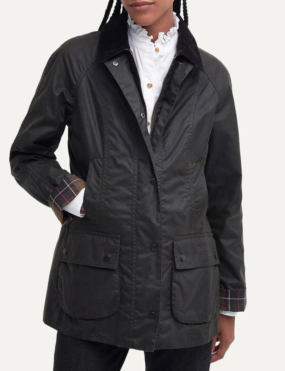 Barbour women's olive waxed cotton jacket with corduroy collar tartan lining and front patch pockets model