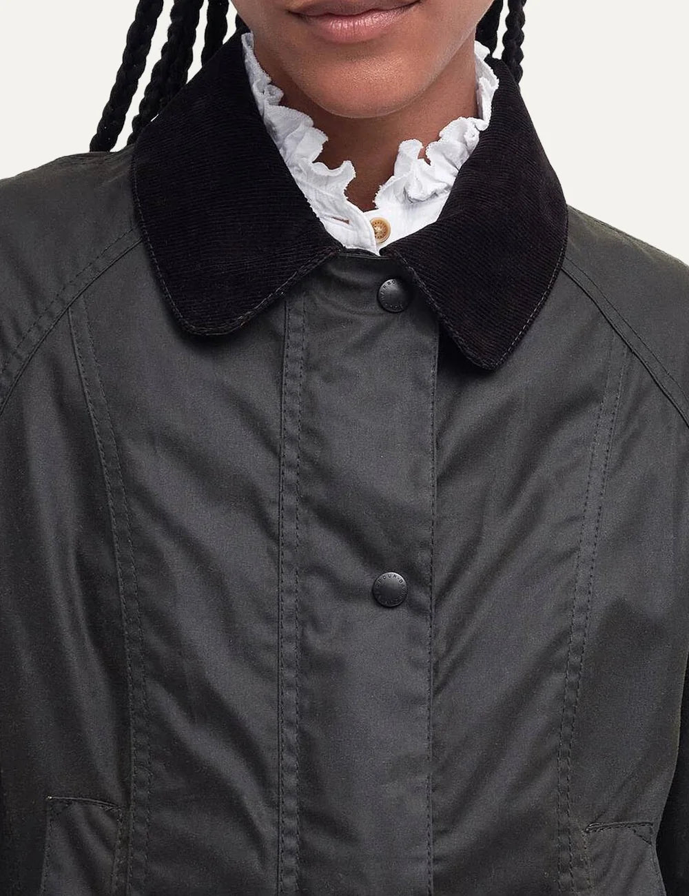 Barbour women's olive waxed cotton jacket with corduroy collar tartan lining and front patch pockets detail