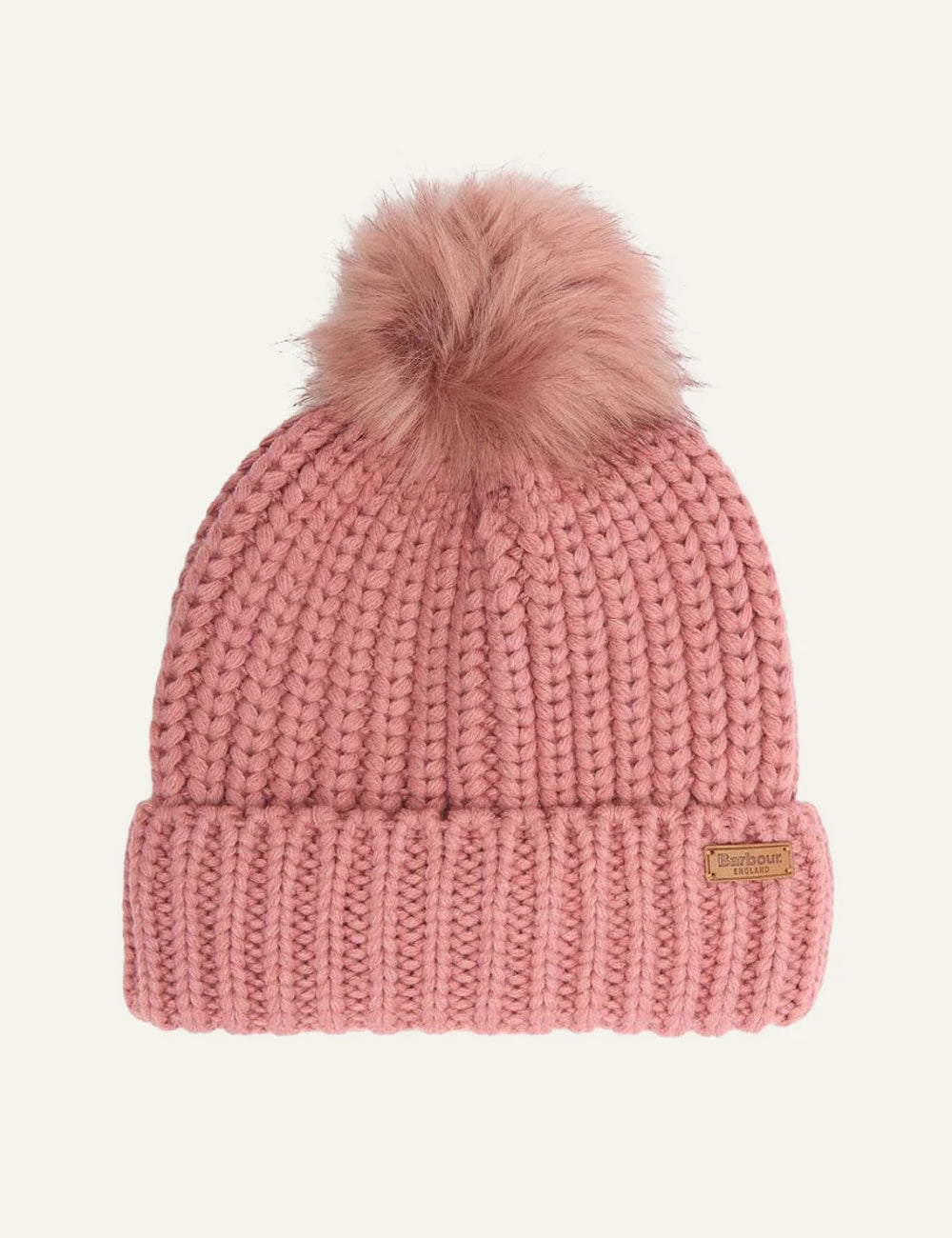 Barbour women's pink chunky knit beanie with faux fur pom pom