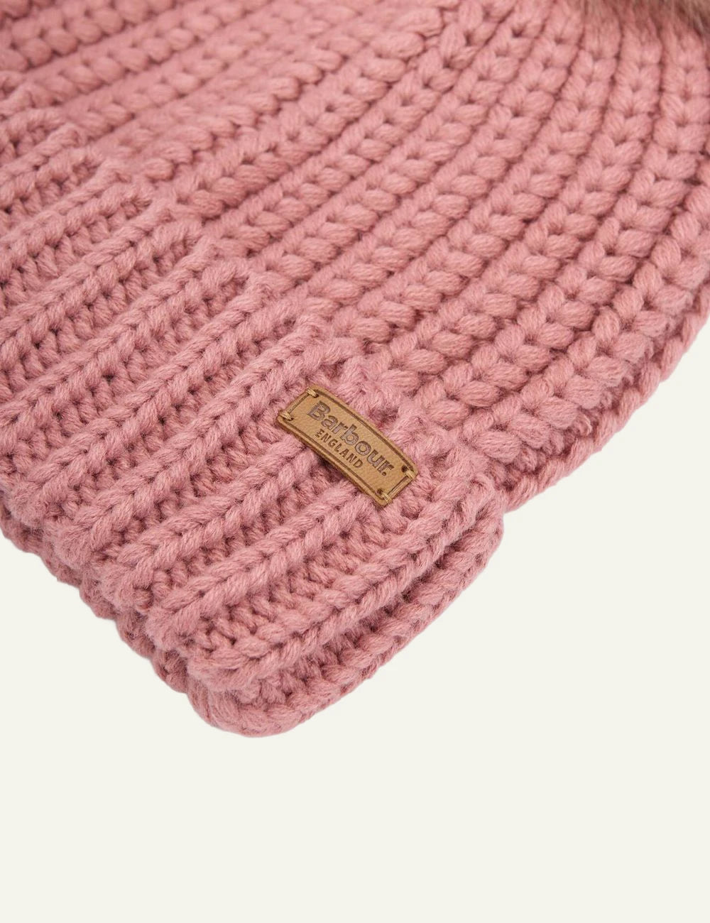 Barbour women's pink chunky knit beanie with faux fur pom pom detail
