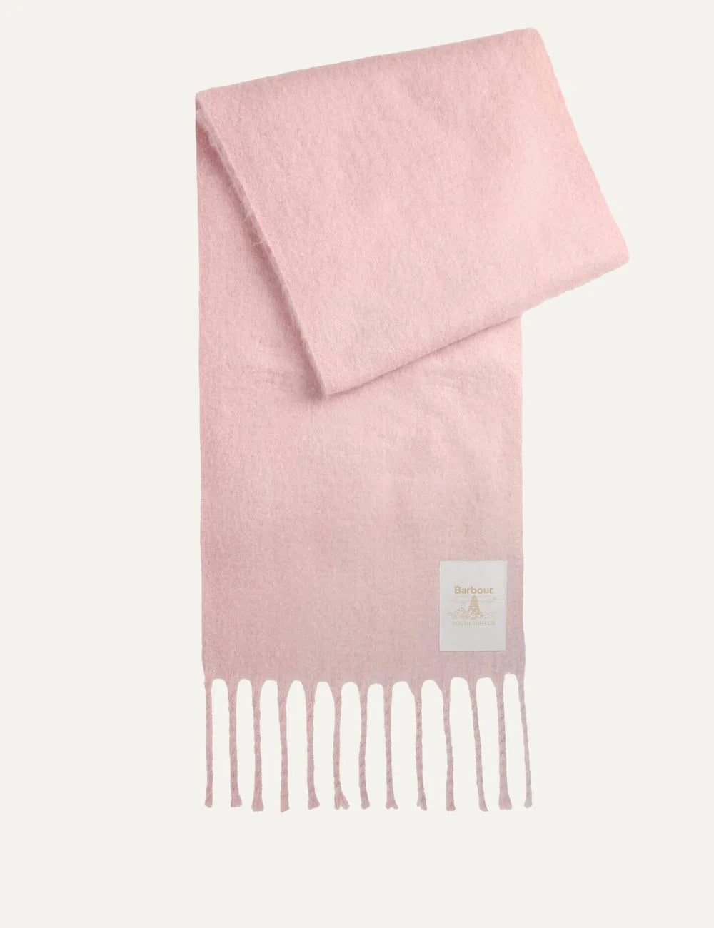 Barbour women's pink felted scarf with fringe trims and oversized Beacon logo label