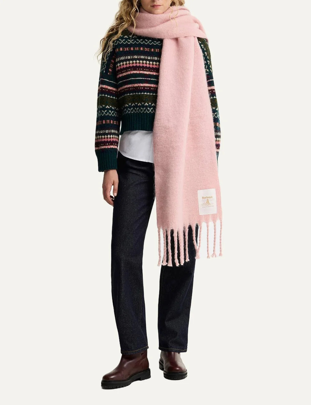 Barbour women's pink felted scarf with fringe trims and oversized Beacon logo label model