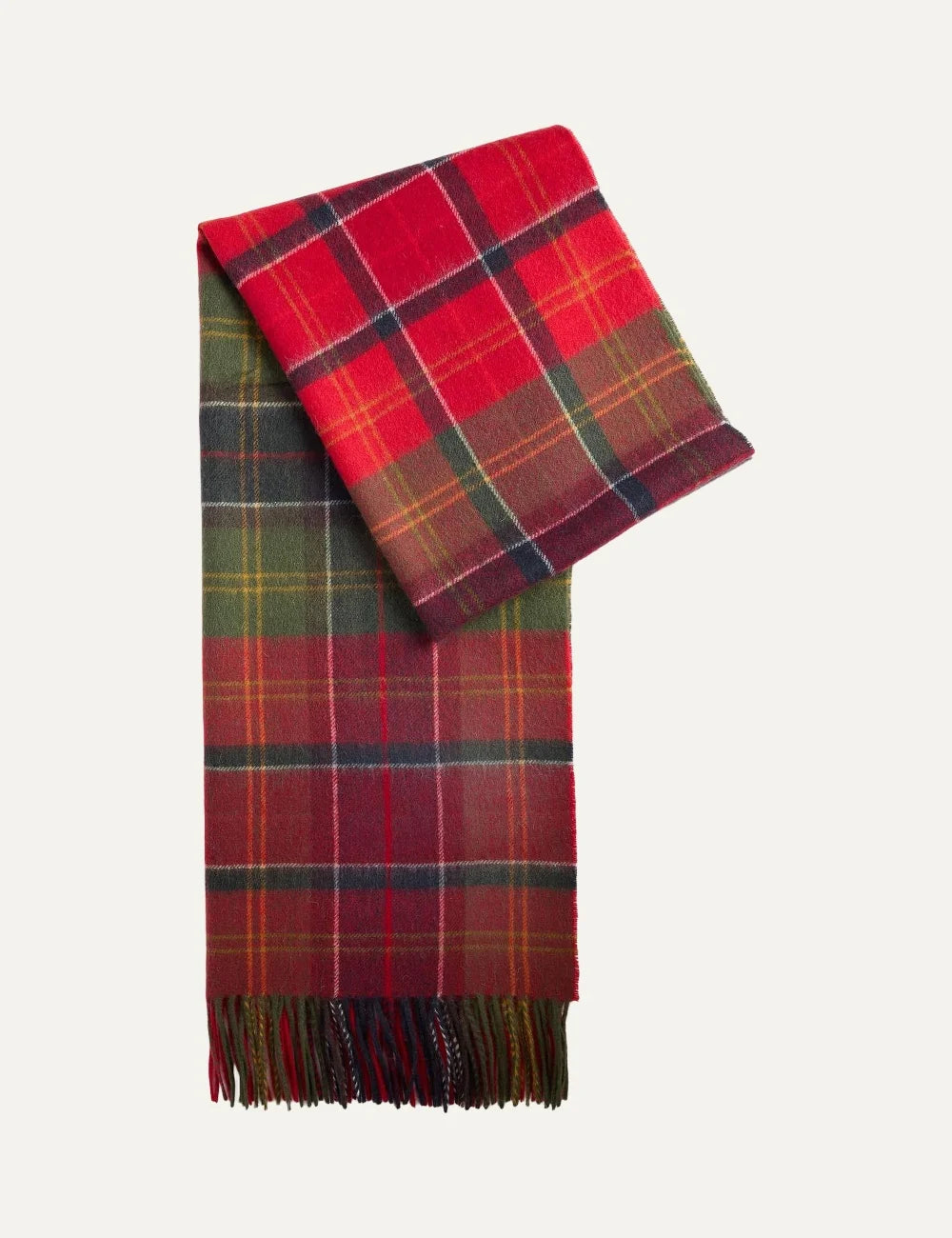 Barbour women's red lambswool scarf with patchwork tartan pattern and fringe trims