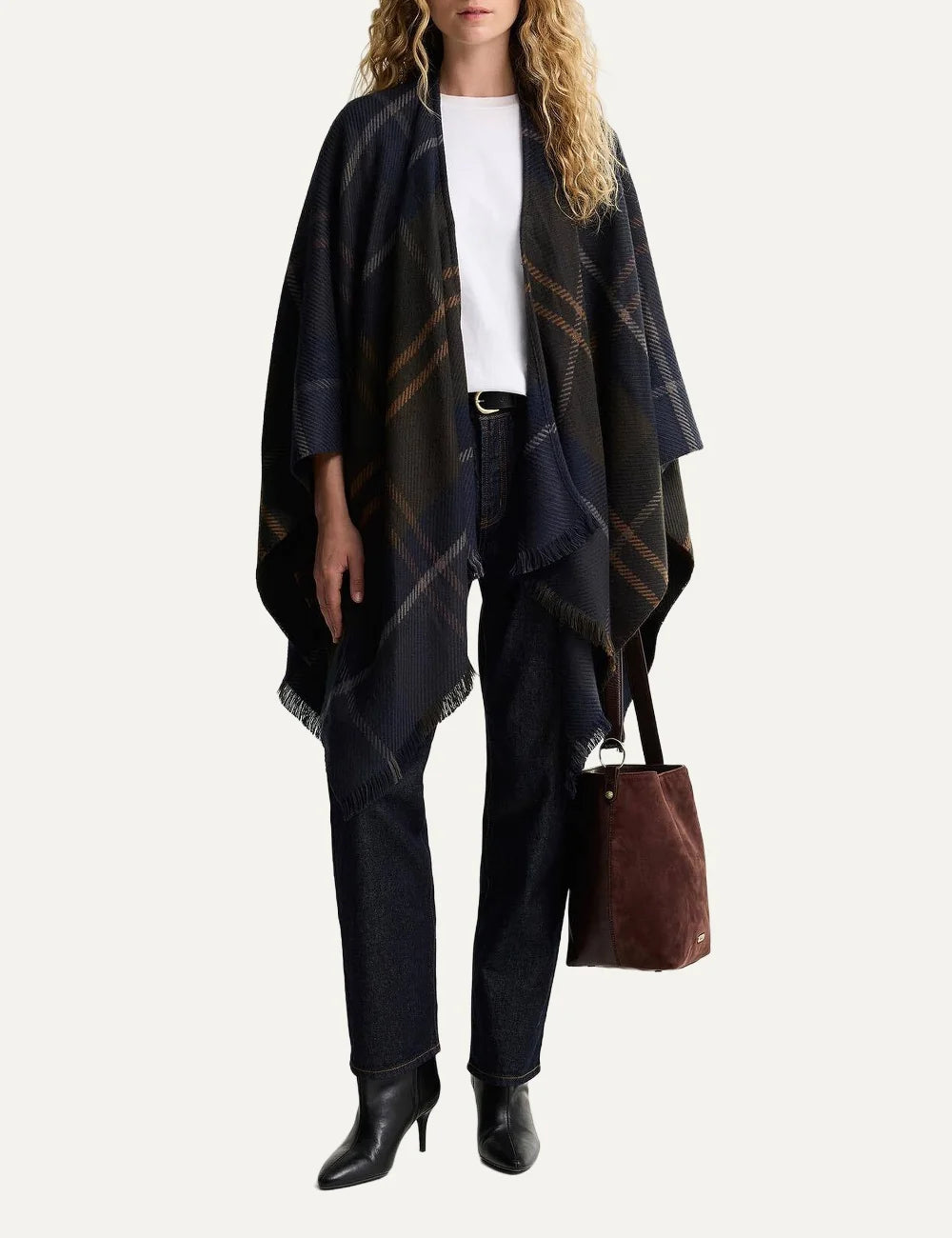 Barbour women's tartan serape cape in dark navy with brown and green check pattern and fringed edges