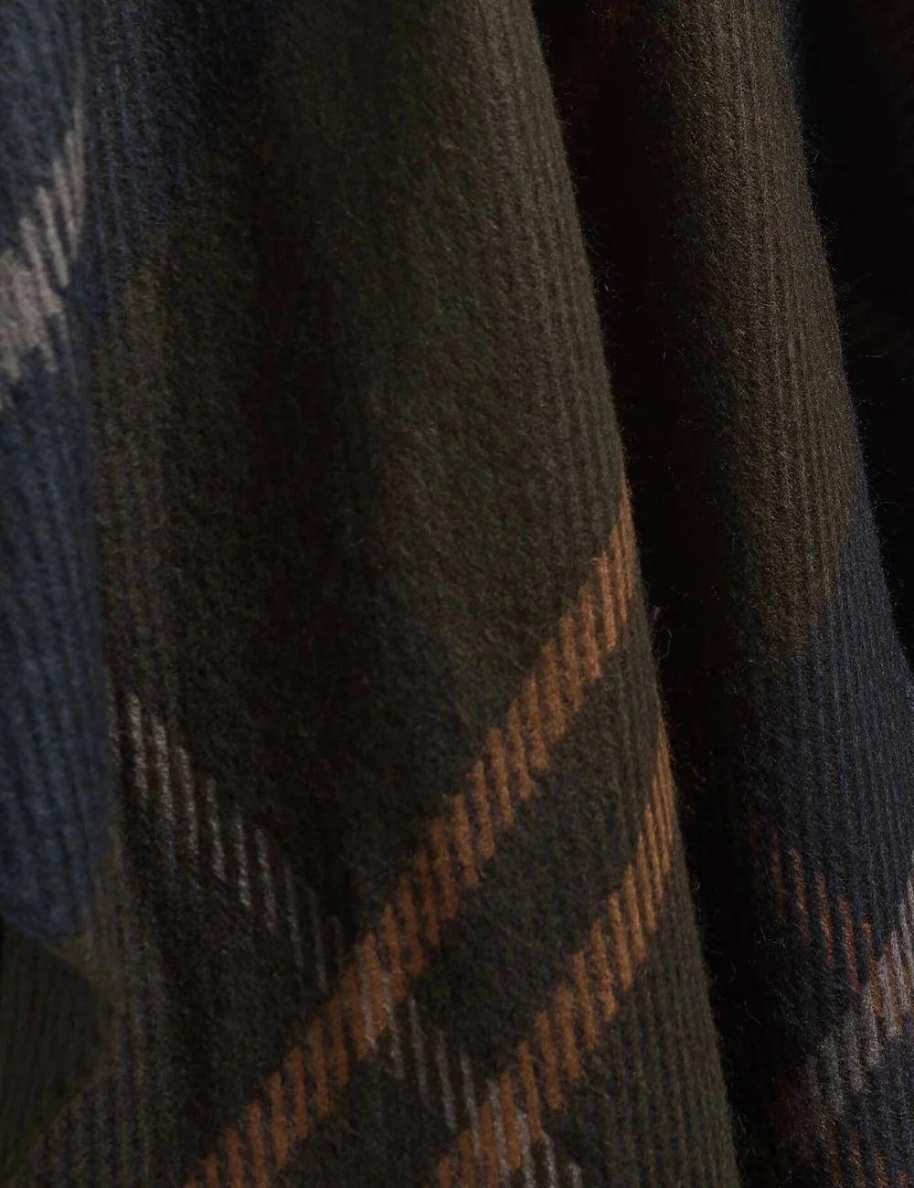 Barbour women's tartan serape cape in dark navy with brown and green check pattern and fringed edges detail