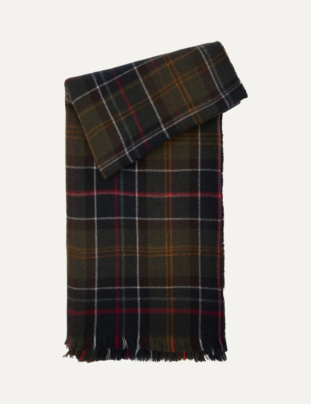 Barbour women's tartan serape cape in khaki and navy with red and orange check pattern and fringed edges