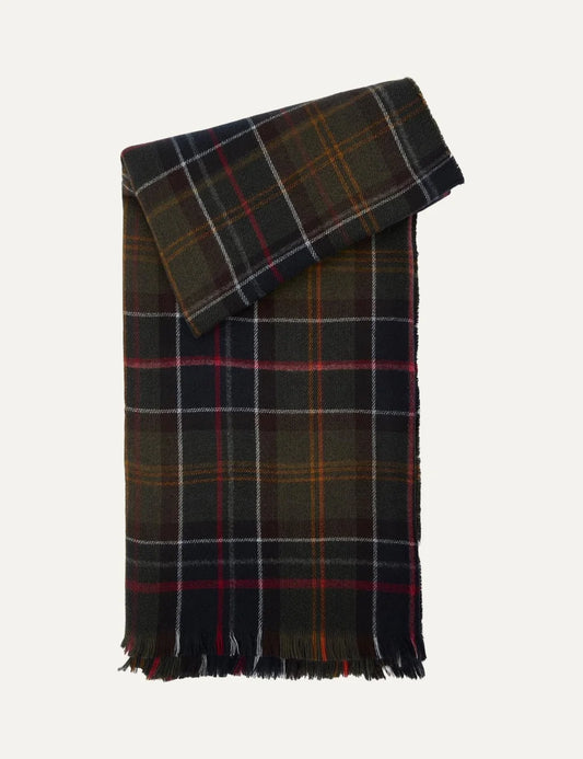 Barbour women's tartan serape cape in khaki and navy with red and orange check pattern and fringed edges
