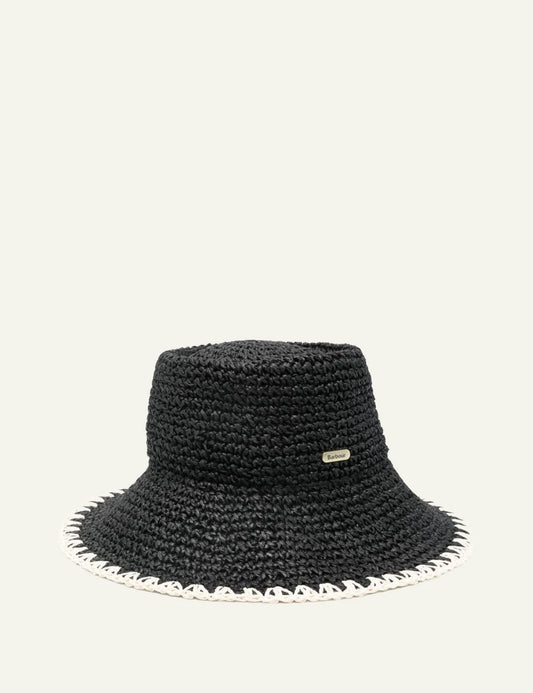 barbour woven bucket hat black with contrast trim front view