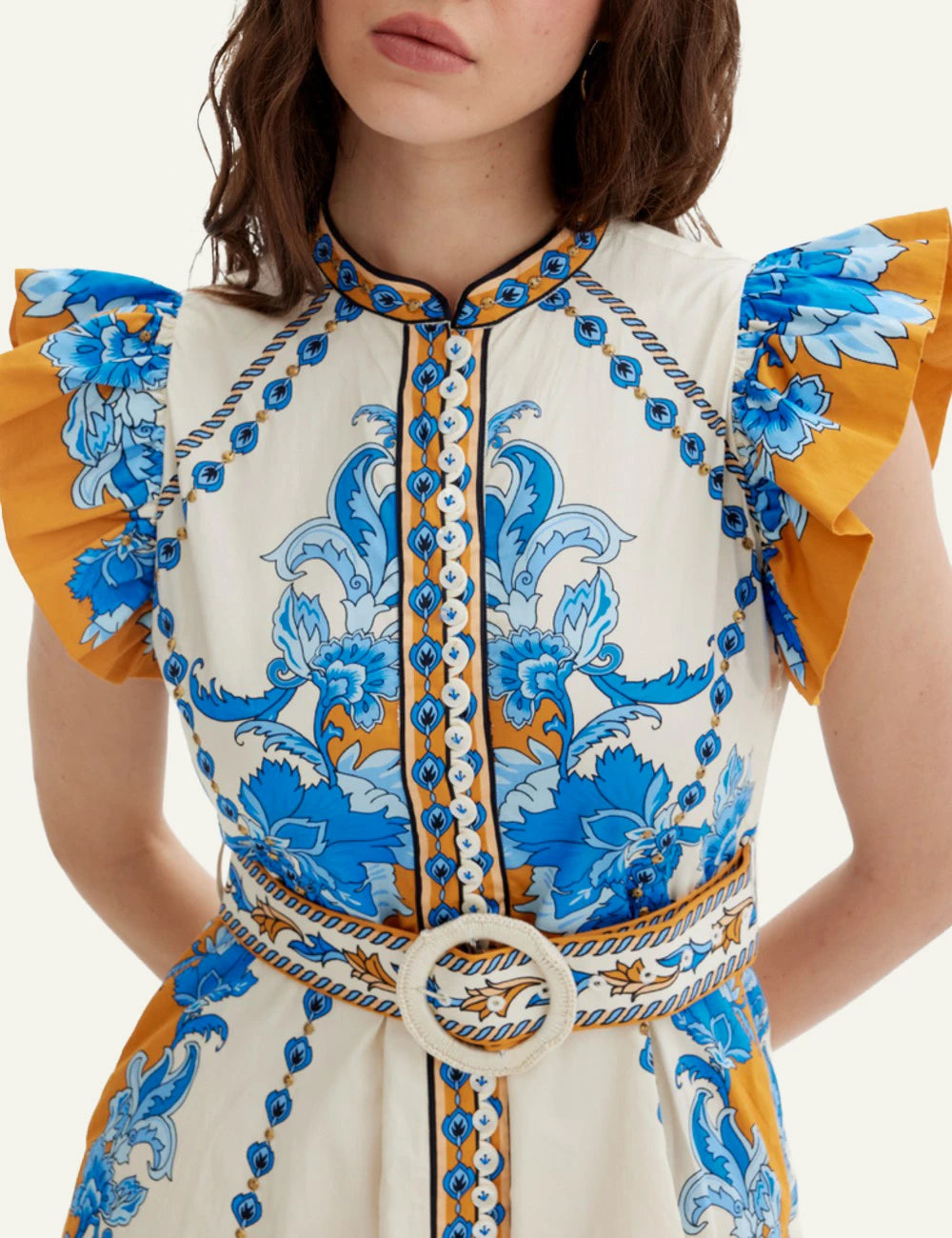 Baronessa Dress Scarlet Poppies mini dress blue print front detail view