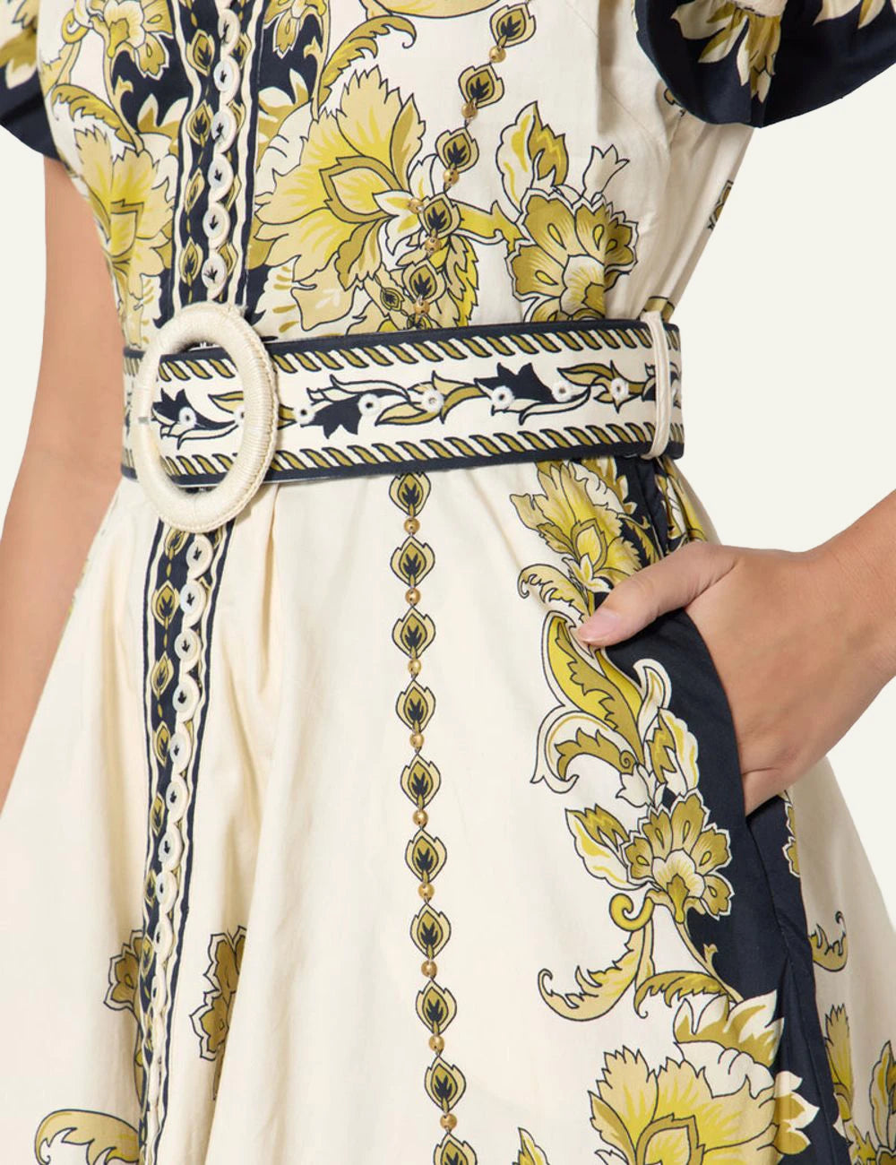 Baronessa Dress Scarlet Poppies mini dress yellow floral front detail view
