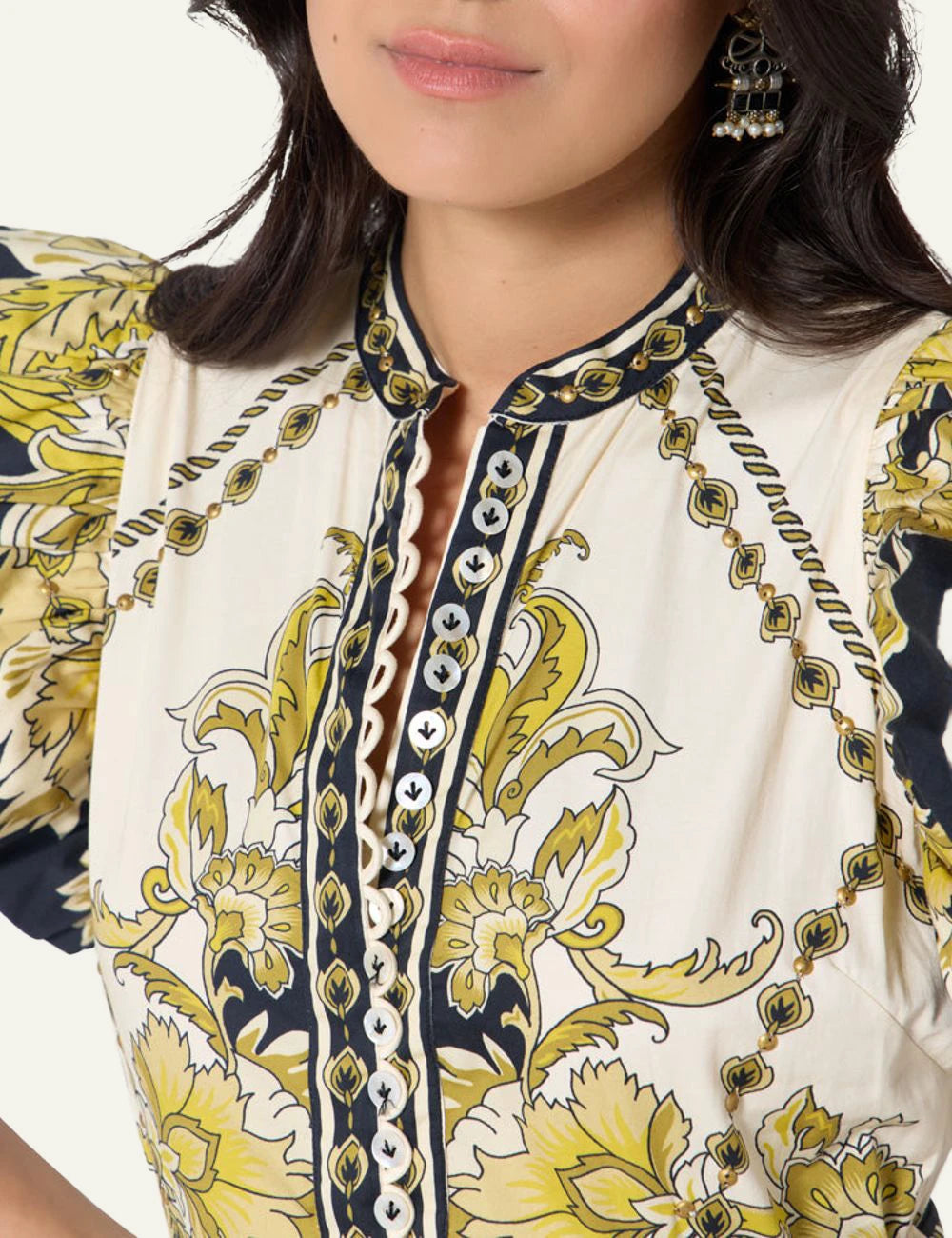 Baronessa Dress Scarlet Poppies mini dress yellow floral front detail view