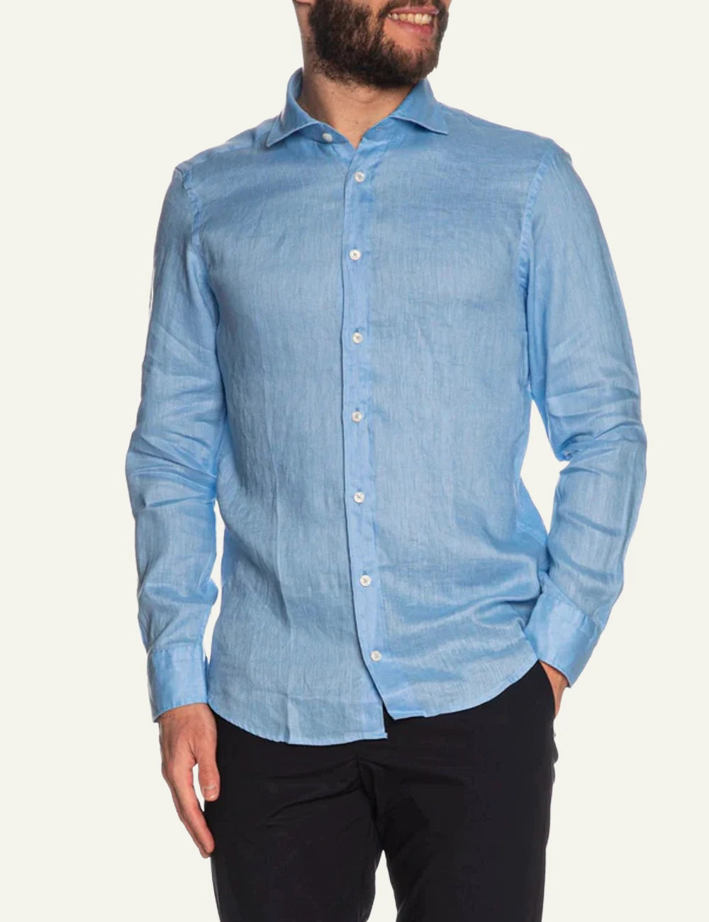 Bastoncino linen shirt light blue long sleeve front model view