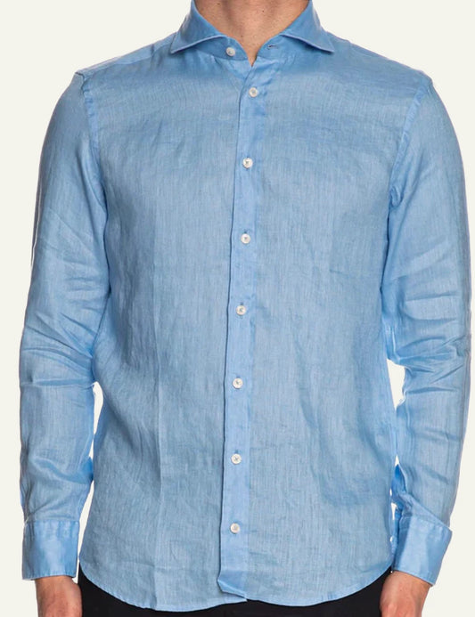 Bastoncino linen shirt light blue long sleeve front view