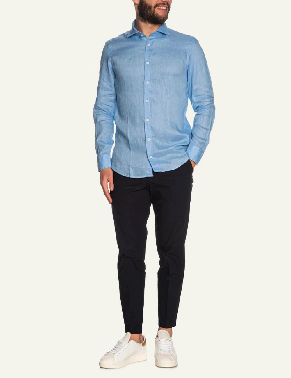 Bastoncino linen shirt light blue long sleeve front full body view