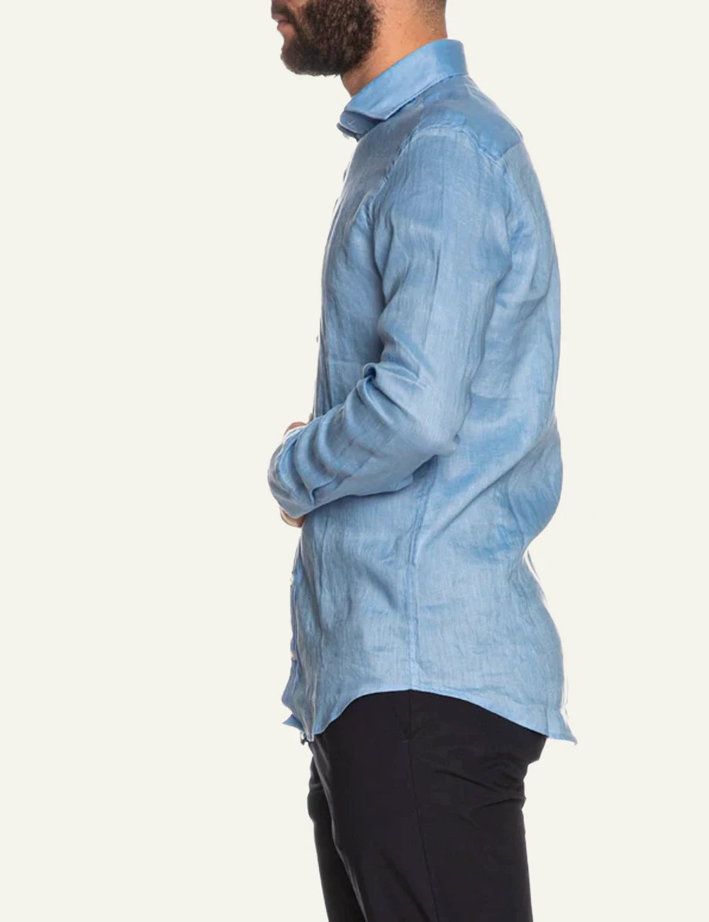 Bastoncino linen shirt light blue long sleeve side view
