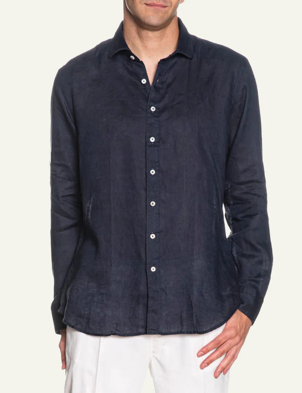Bastoncino linen shirt navy long sleeve front model view