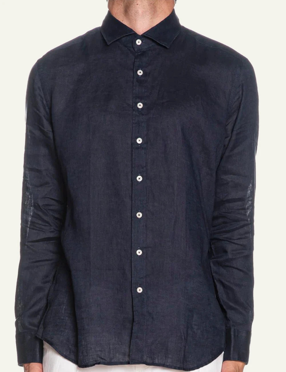 Bastoncino linen shirt navy long sleeve front view