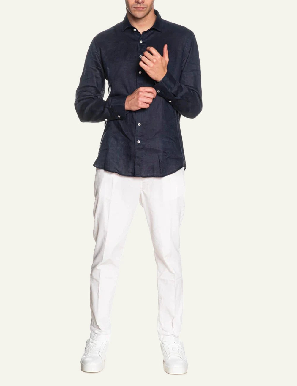 Bastoncino linen shirt navy long sleeve front full body view