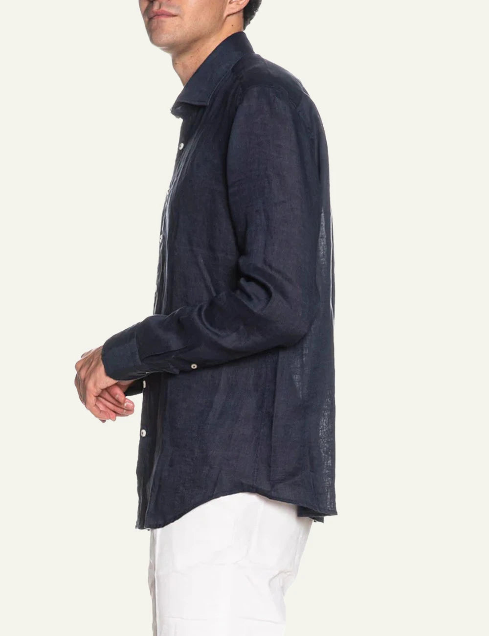 Bastoncino linen shirt navy long sleeve side view