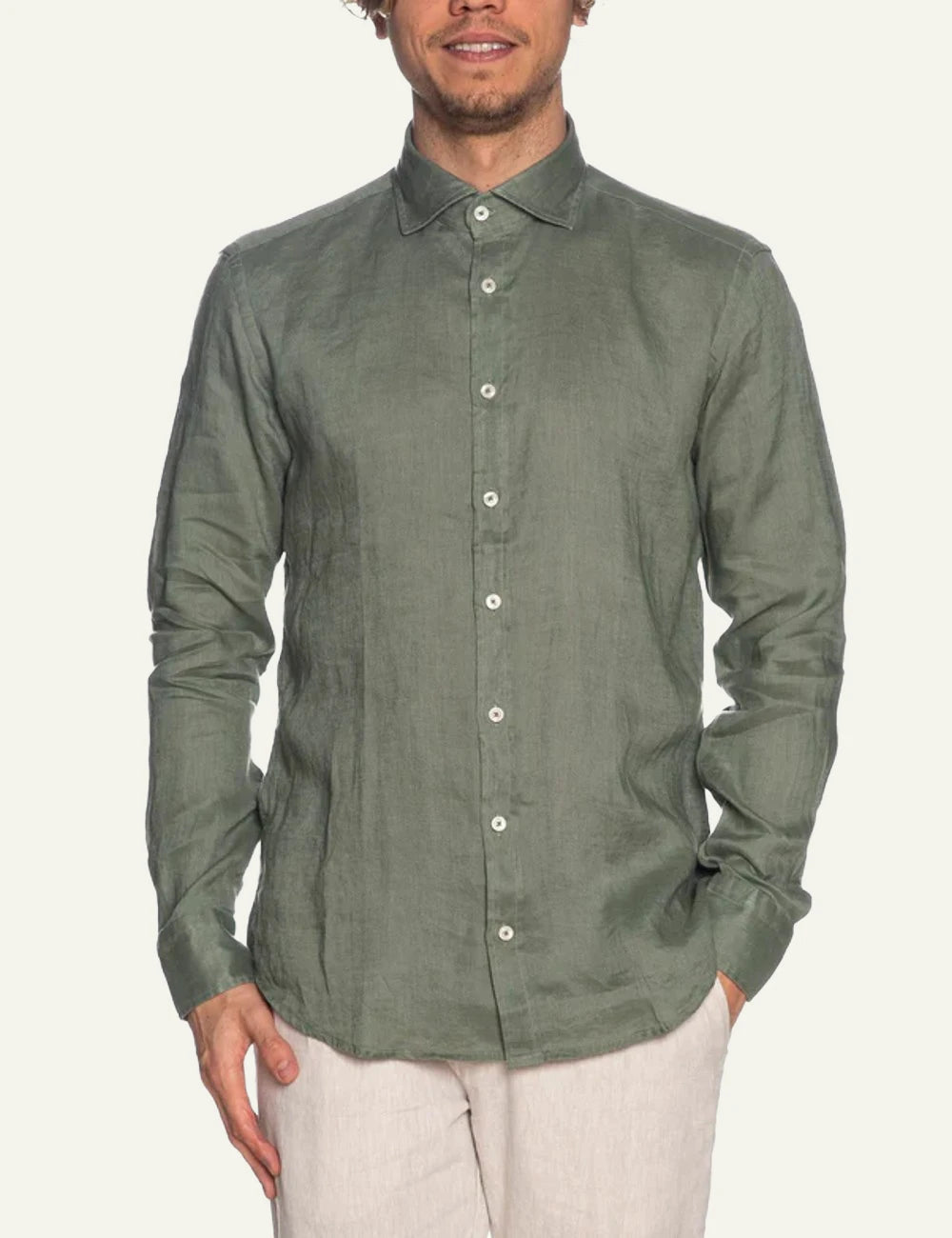 Bastoncino linen shirt olive green long sleeve front view