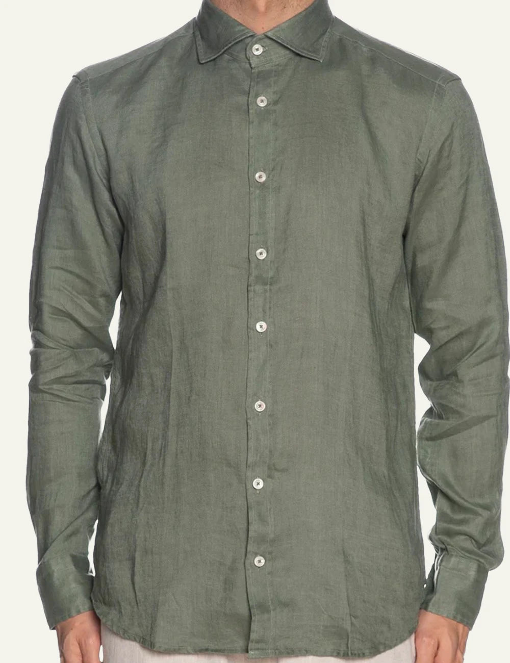 Bastoncino linen shirt olive green long sleeve front model view