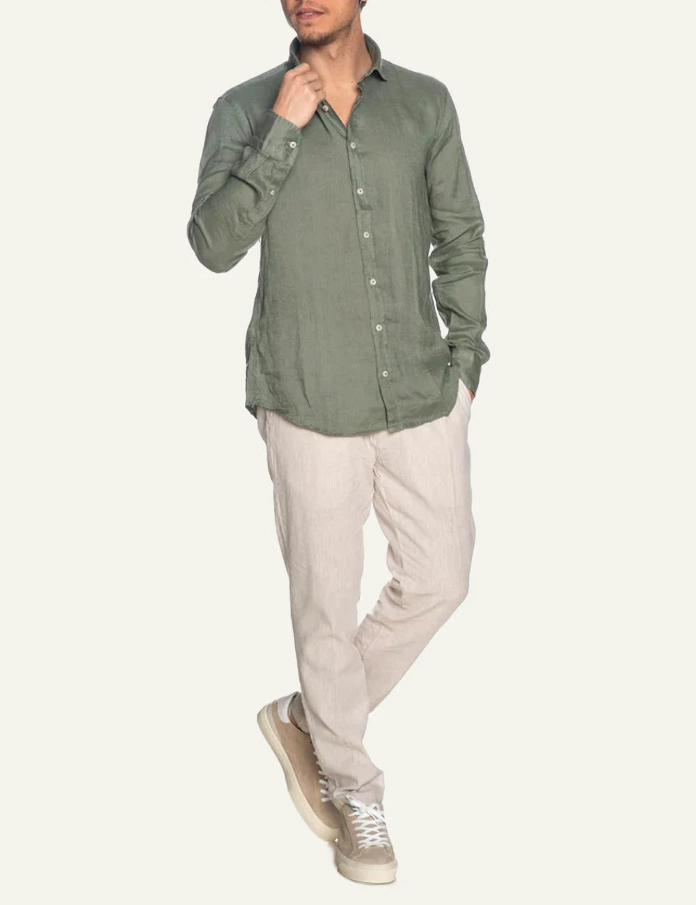 Bastoncino linen shirt olive green long sleeve front full body view