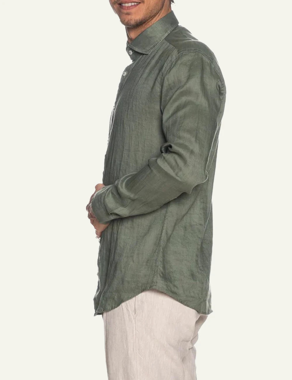 Bastoncino linen shirt olive green long sleeve side view