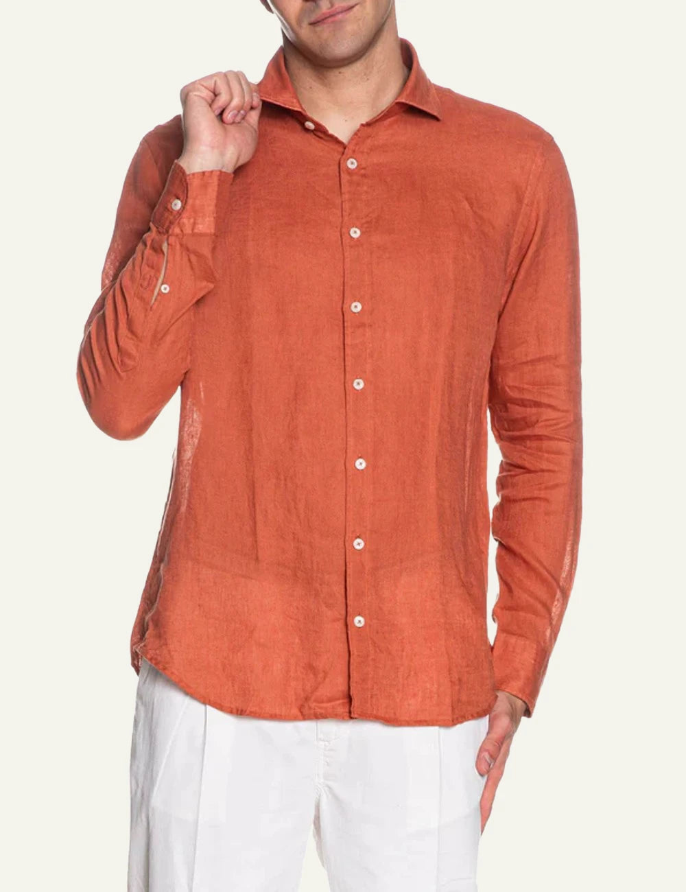 Bastoncino linen shirt orange long sleeve front model view