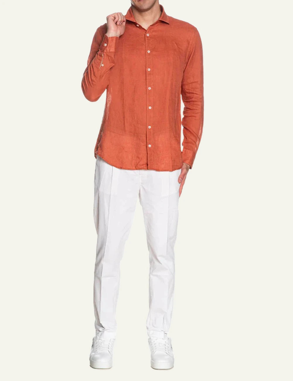 Bastoncino linen shirt orange long sleeve front full body view