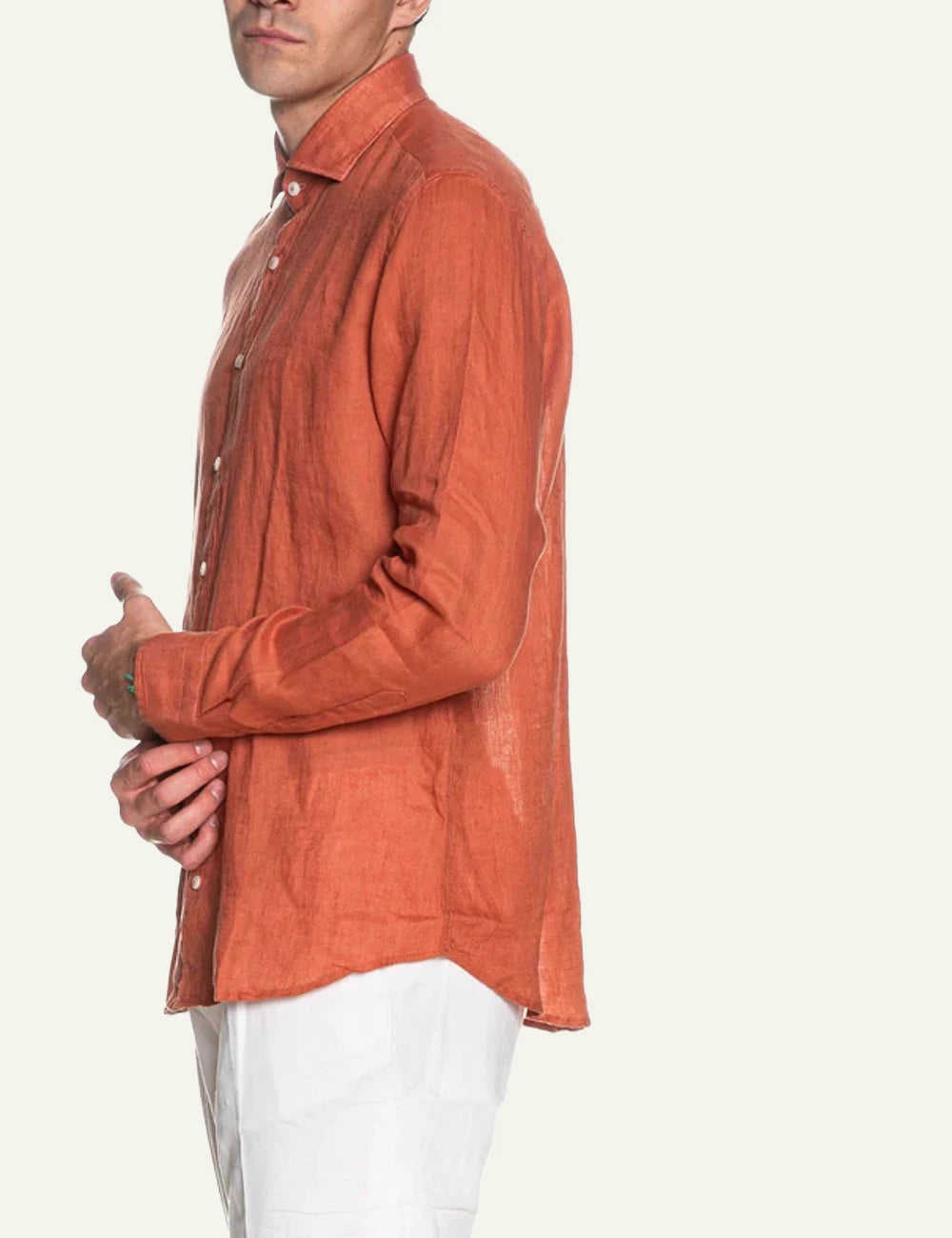 Bastoncino linen shirt orange long sleeve side view