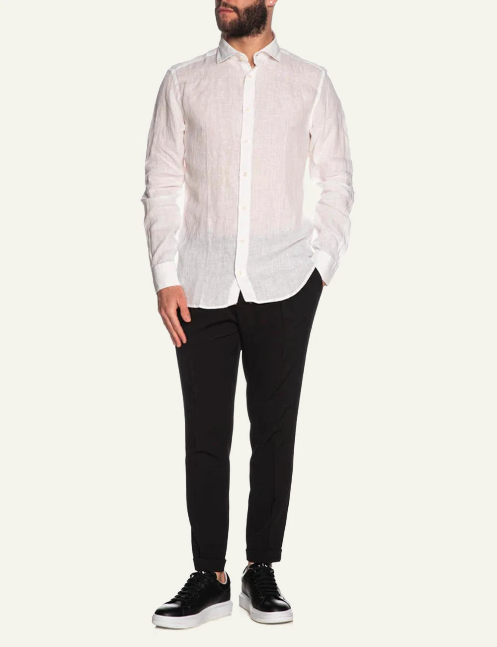 Bastoncino linen shirt white long sleeve front full body view
