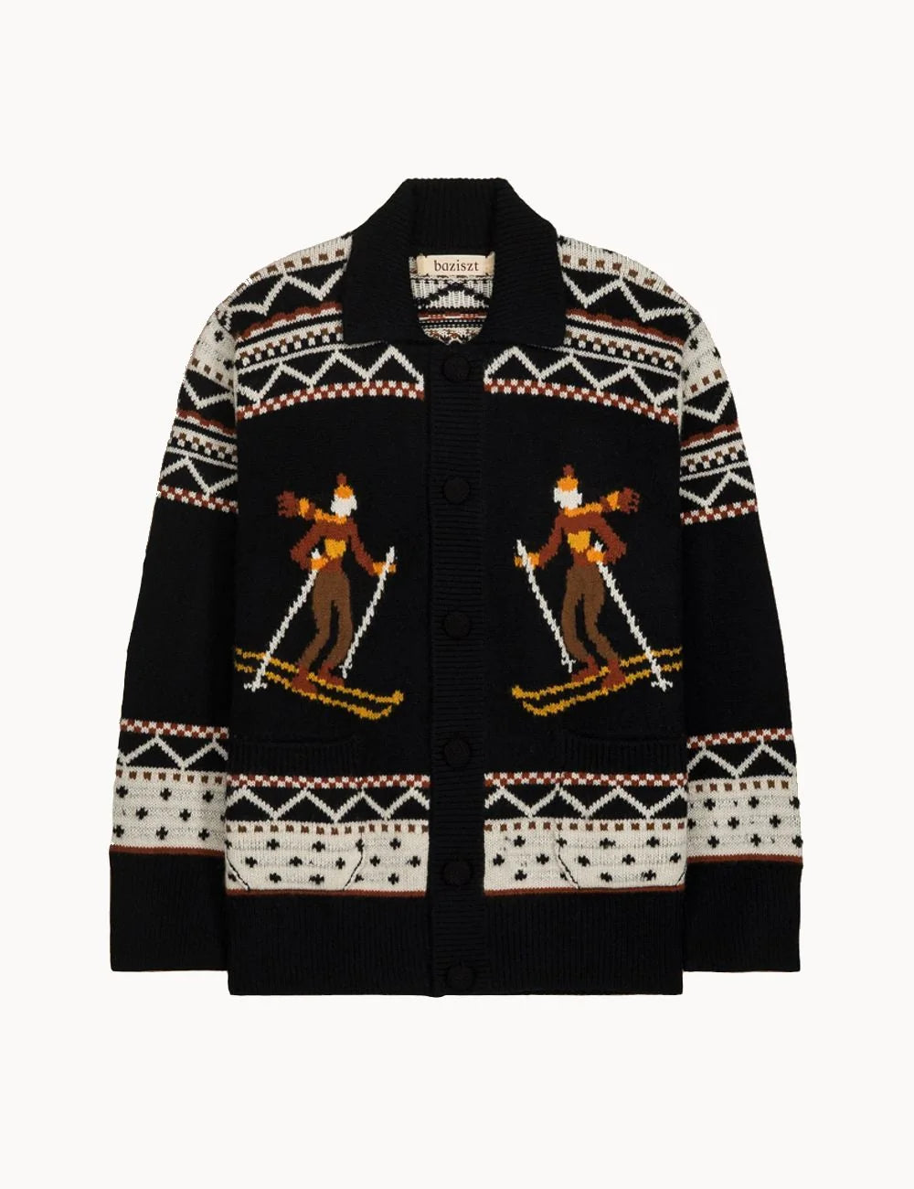 Men's Baziszt black cashmere cardigan with skier motifs, geometric patterns, button closure and front pockets