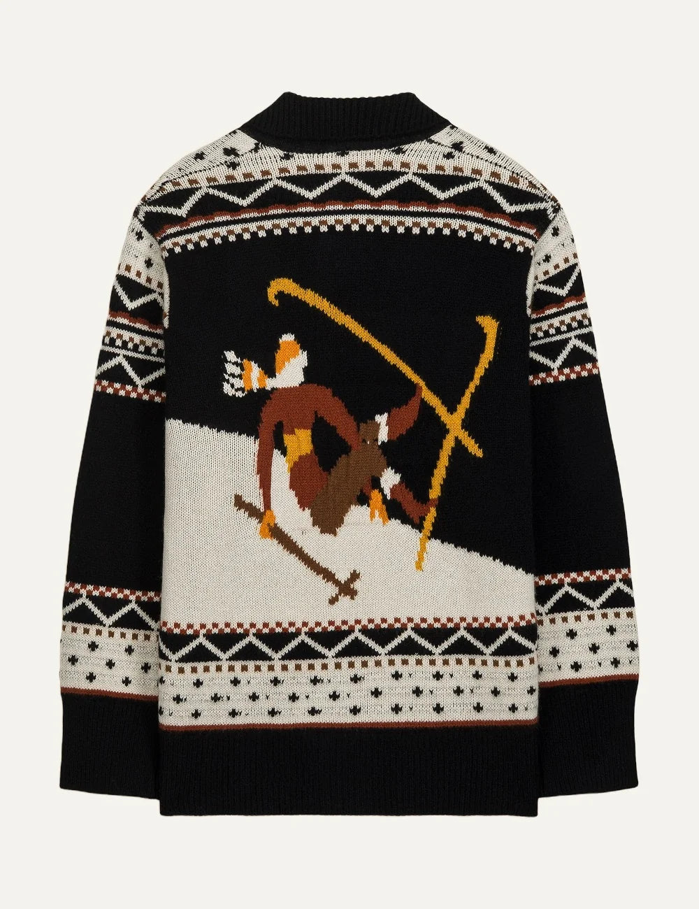 Men's Baziszt black cashmere cardigan with skier motifs, geometric patterns, button closure and front pockets back