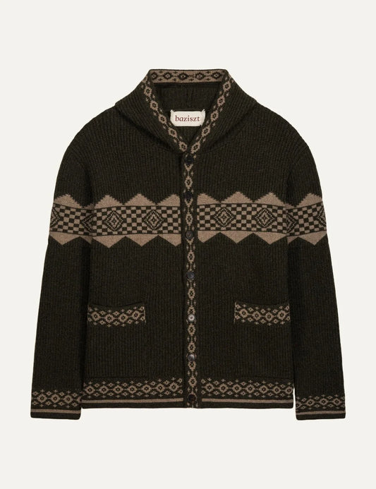 Men's Baziszt khaki cashmere Horin cardigan with geometric knit patterns, shawl collar, button closure and front pockets