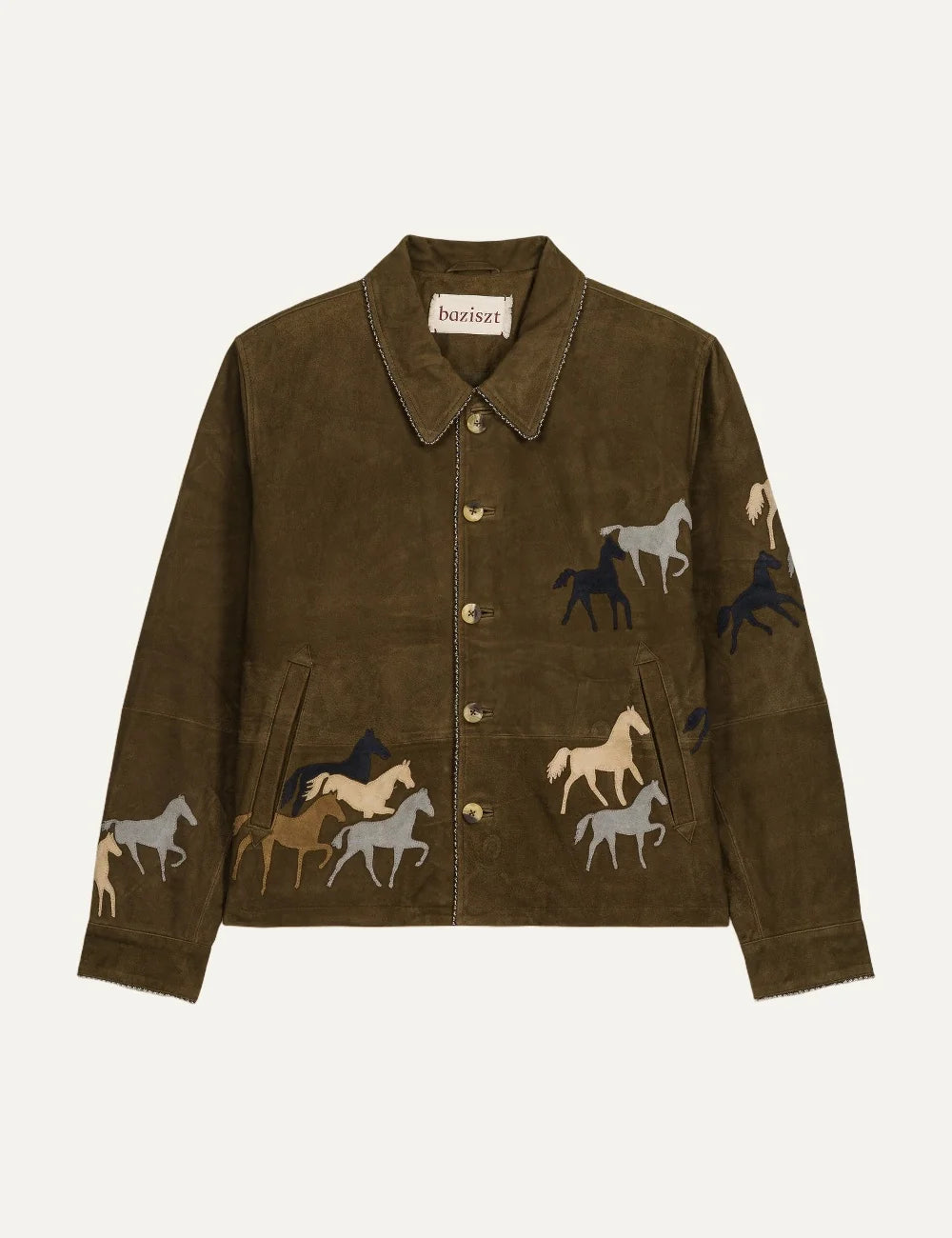 Men's Baziszt Valero khaki suede jacket with hand-applied multicolour horse appliqués, button closure and side pockets