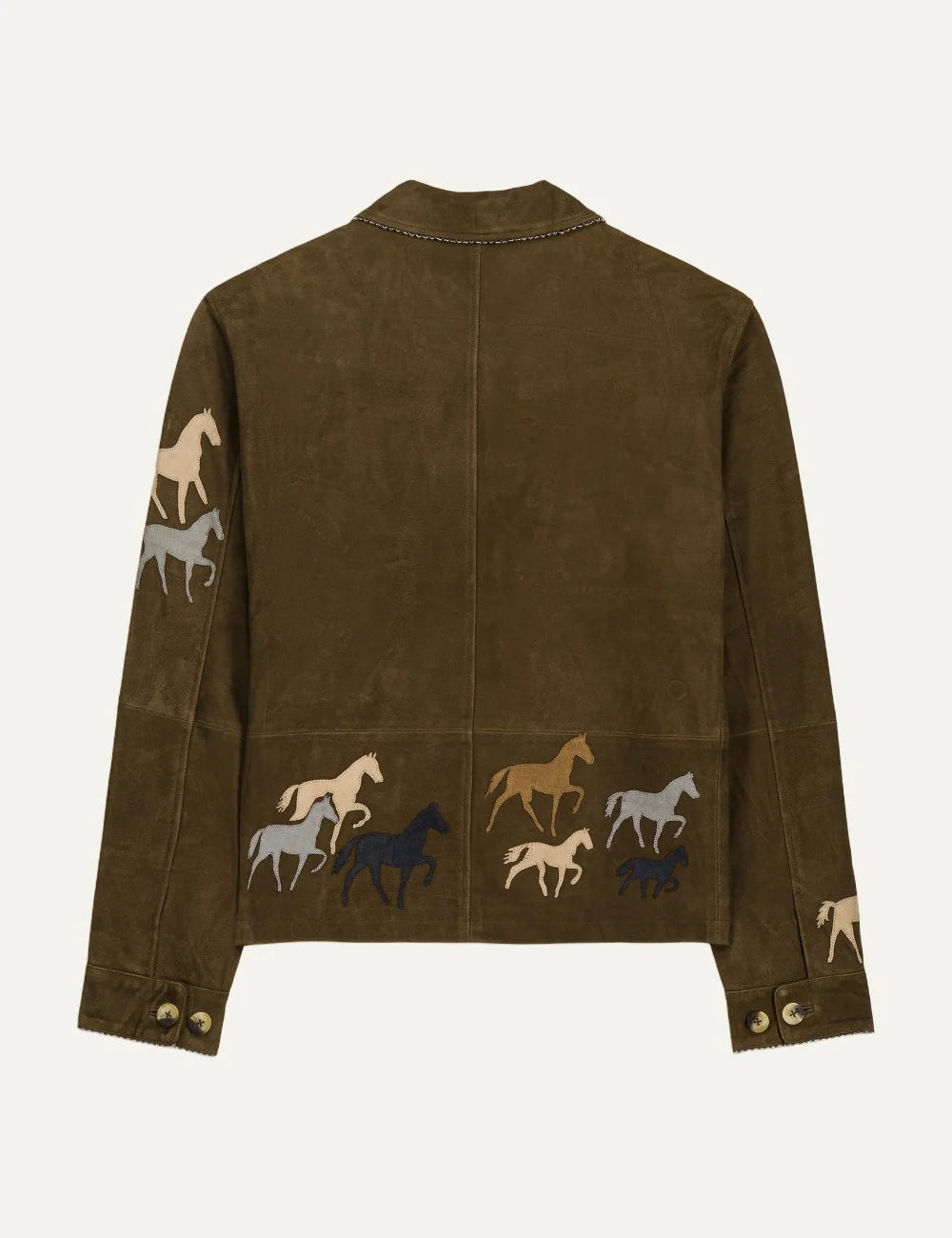 Men's Baziszt Valero khaki suede jacket with hand-applied multicolour horse appliqués, button closure and side pockets back