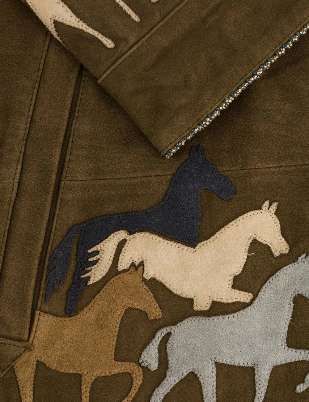 Men's Baziszt Valero khaki suede jacket with hand-applied multicolour horse appliqués, button closure and side pockets detail