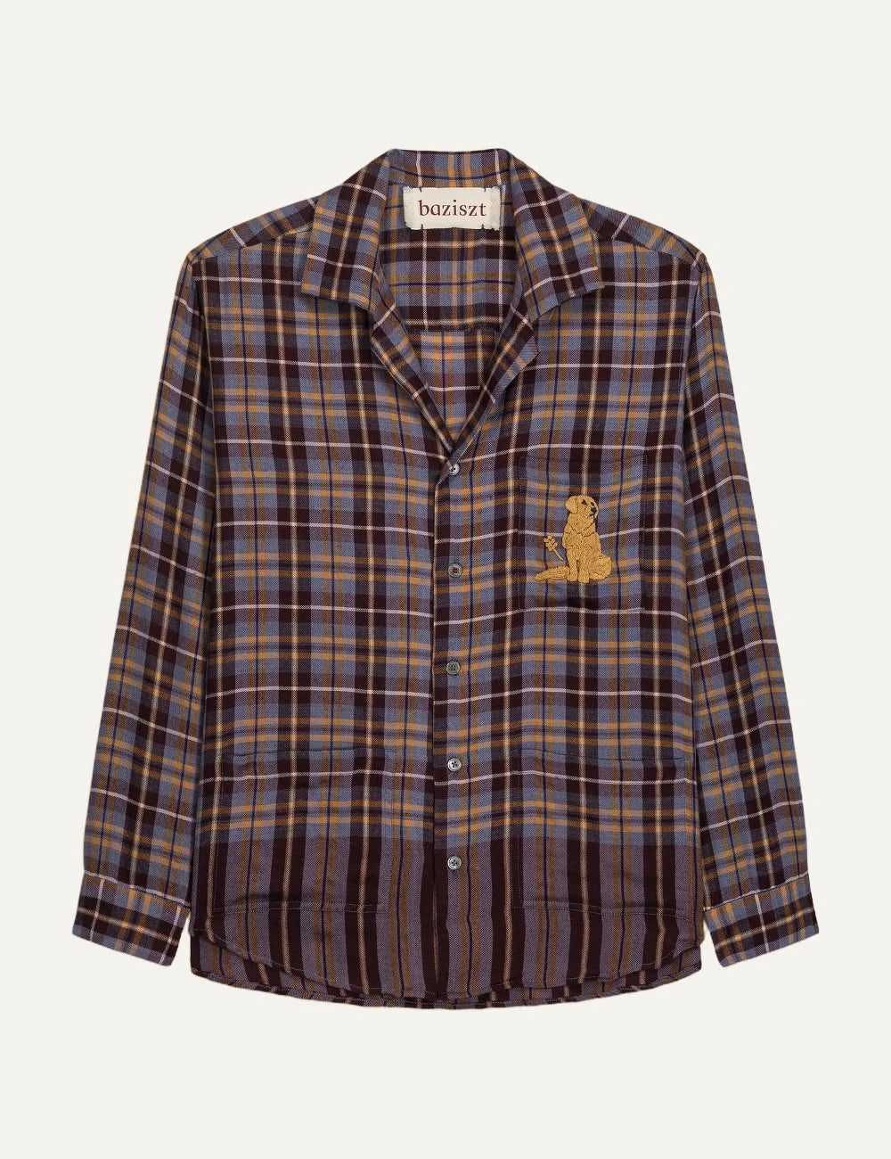 Men's Baziszt Prowse plaid shirt in camel, brown and blue with hand-embroidered zardozi dog motif and mother-of-pearl buttons