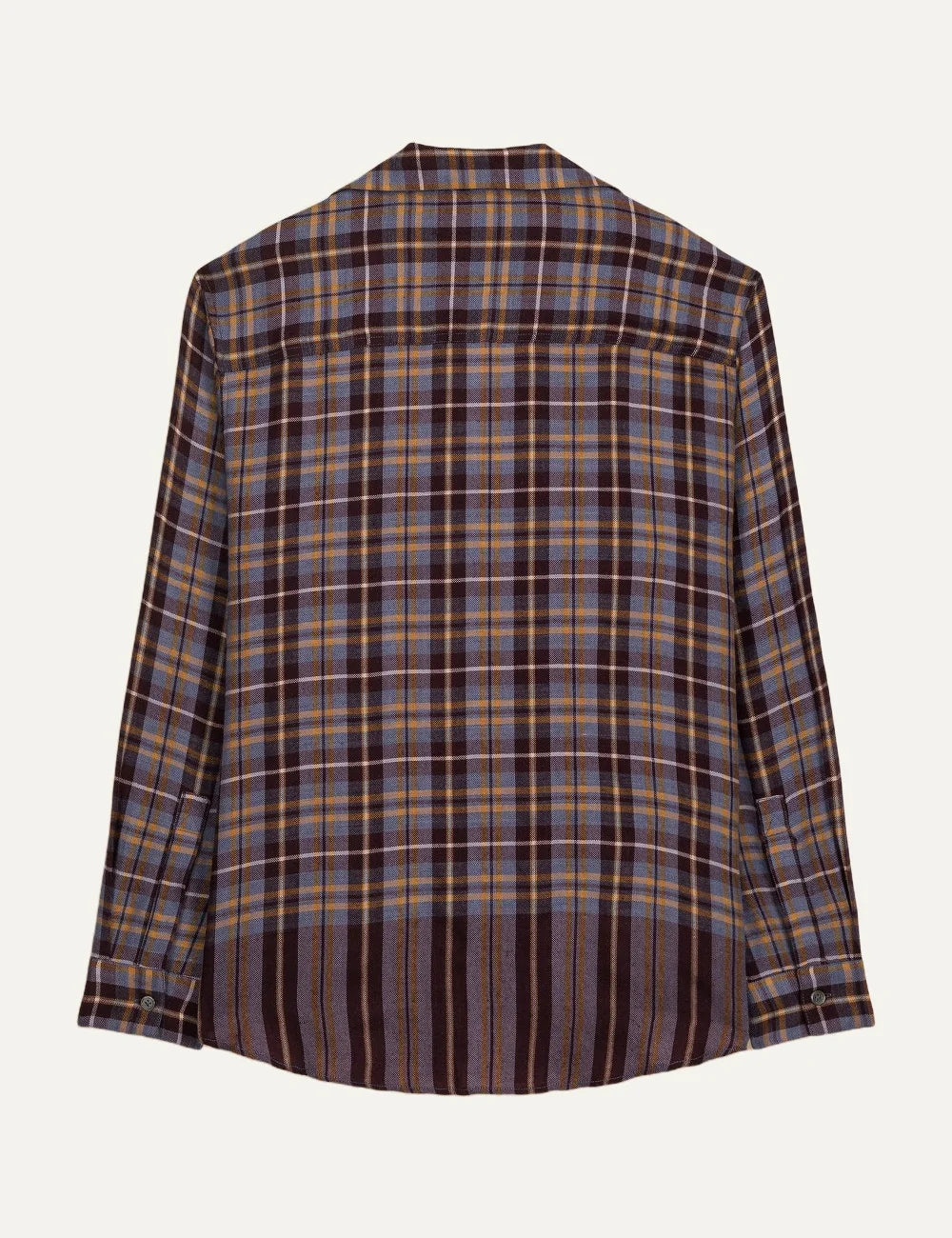 Men's Baziszt Prowse plaid shirt in camel, brown and blue with hand-embroidered zardozi dog motif and mother-of-pearl buttons back