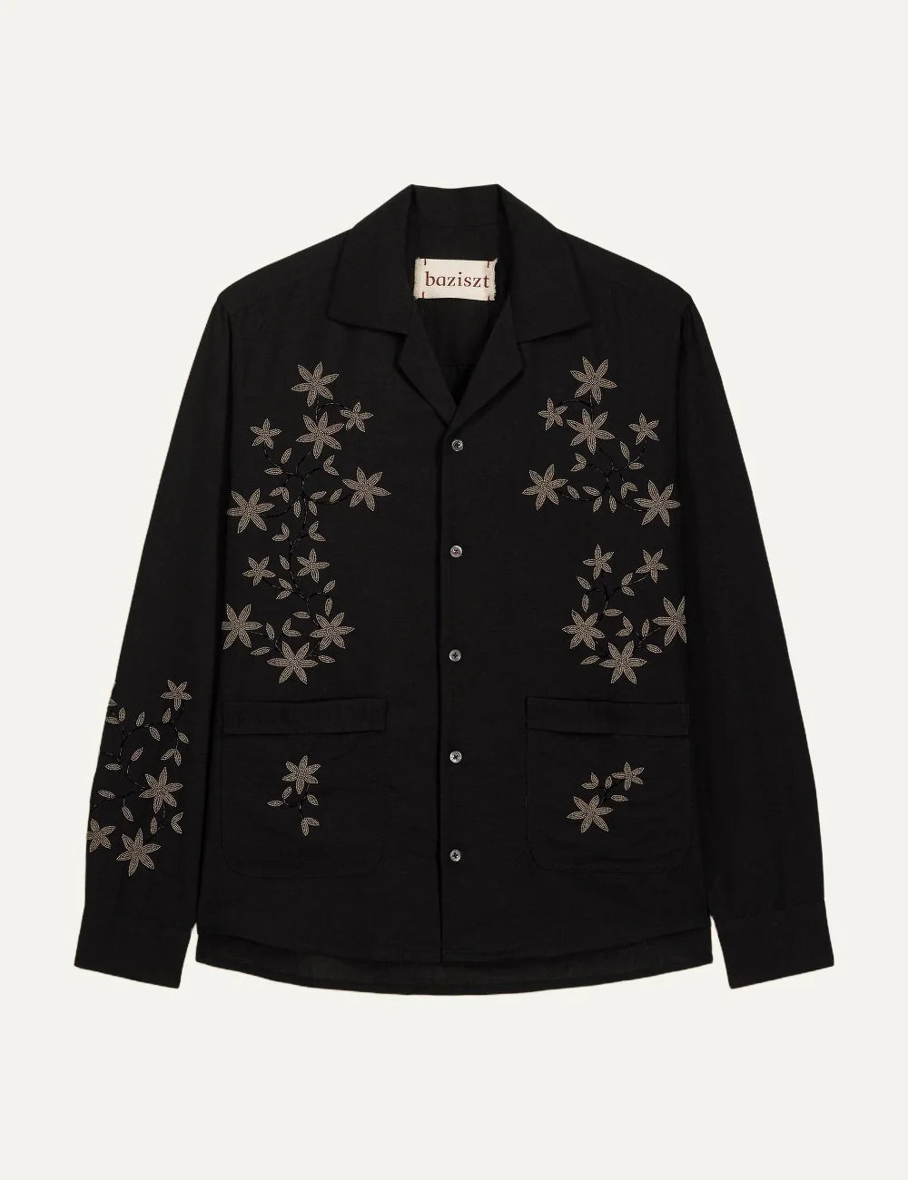 Men's Baziszt black cotton Snape shirt with hand-embroidered floral motifs, metal beads, button closure and front pockets