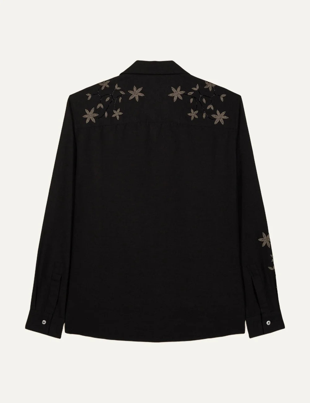 Men's Baziszt black cotton Snape shirt with hand-embroidered floral motifs, metal beads, button closure and front pockets back