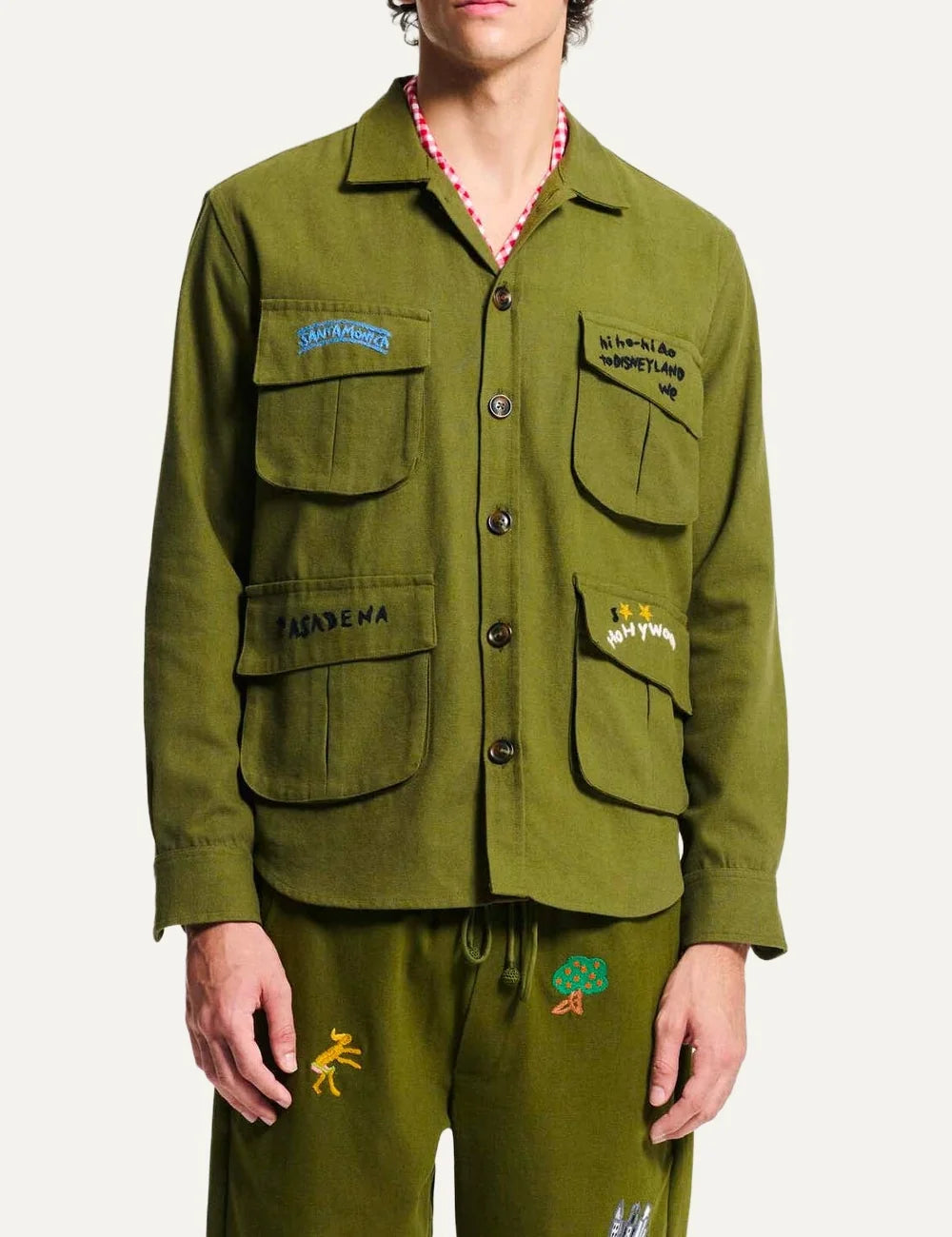 Men's Baziszt khaki cotton Pasadena jacket with multicolor hand-stitched embroidery, four flap pockets and button closure