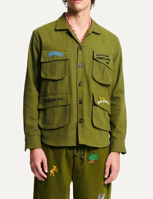 Men's Baziszt khaki cotton Pasadena jacket with multicolor hand-stitched embroidery, four flap pockets and button closure