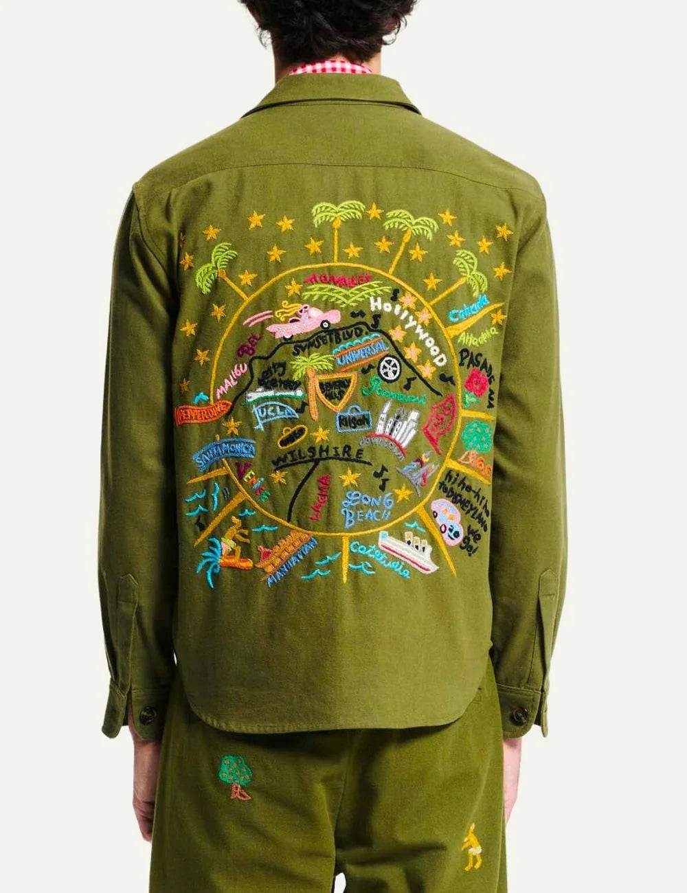 Men's Baziszt khaki cotton Pasadena jacket with multicolor hand-stitched embroidery, four flap pockets and button closure back
