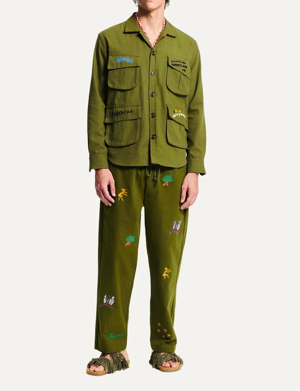 Men's Baziszt khaki cotton Pasadena jacket with multicolor hand-stitched embroidery, four flap pockets and button closure full body