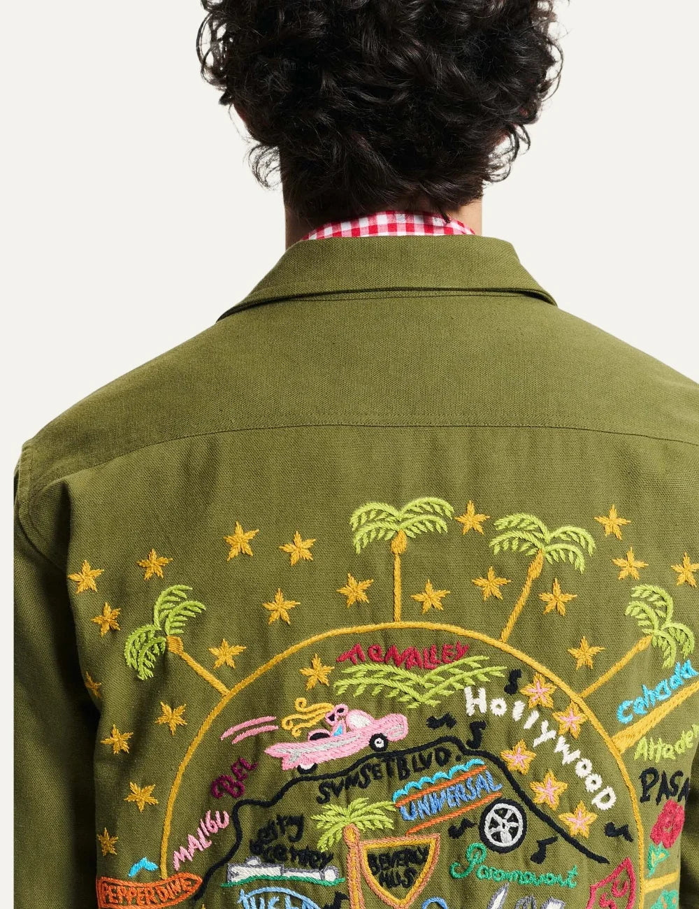 Men's Baziszt khaki cotton Pasadena jacket with multicolor hand-stitched embroidery, four flap pockets and button closure back detail