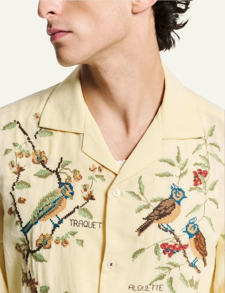 bazizst avian embroidery shirt beige long sleeve front detail view