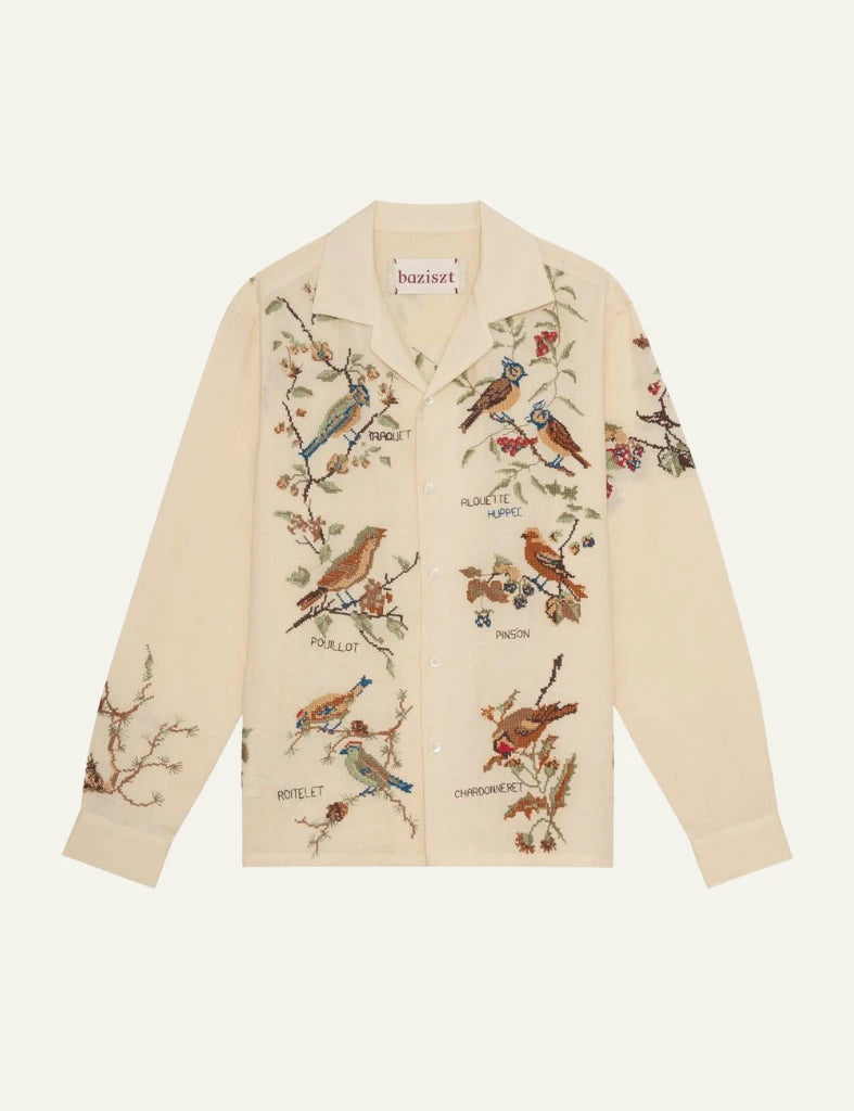 bazizst avian embroidery shirt beige long sleeve front view